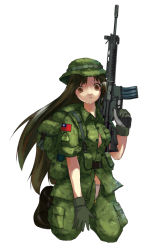 Rule 34 | 1girl, army, assault rifle, backpack, bag, boots, camouflage, canteen, gloves, gun, hat, long hair, military, military uniform, panties, rifle, simple background, solo, t-91, taiwan, unbuttoned, underwear, uniform, unzipped, weapon, white background