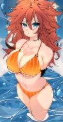Rule 34 | 1girl, android 21, bikini, blue sky, blurry, blurry background, breasts, dragon ball, dragon ball (classic), highres, in water, kinakomochi (user vedc2333), large breasts, looking at viewer, messy hair, navel, orange bikini, sky, solo, swimsuit