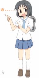Rule 34 | 1girl, black hair, blue necktie, blue skirt, blush, commentary request, emoticon, full body, highres, kneehighs, looking at viewer, ma-2 (konkon kitakitsune), necktie, nichijou, open mouth, pleated skirt, pointing, pointing to the side, sailor collar, school uniform, serafuku, shinonome nano, shirt, short hair, short sleeves, signature, simple background, skirt, smile, socks, solo, standing, white background, white sailor collar, white shirt, white socks, winding key