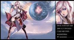 Rule 34 | 10s, 1girl, armband, bare shoulders, blue eyes, breasts, cape, coat, female focus, ff11r18, final fantasy, final fantasy xiii, fingerless gloves, full body, gloves, highres, lightning farron, long hair, outdoors, pink hair, sky, solo, thighhighs, trench coat