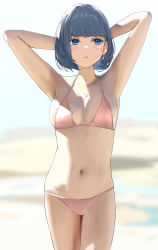 Rule 34 | 1girl, absurdres, armpits, bare arms, bare shoulders, bikini, blue eyes, blue hair, blurry, blurry background, breasts, collarbone, depth of field, highres, icehotmilktea, jewelry, looking away, medium breasts, navel, necklace, original, parted lips, pink bikini, short hair, solo, standing, swimsuit