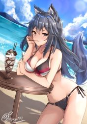 Rule 34 | 1girl, animal ear fluff, animal ears, arknights, arm under breasts, artist name, bare legs, bare shoulders, beach, bikini, black hair, blue sky, blush, breasts, brown eyes, cleavage, cloud, commentary, cowboy shot, day, food, food in mouth, hair between eyes, hand up, highres, holding, holding spoon, kouno (uiyoyo199), long hair, looking at viewer, medium breasts, mouth hold, pocky, side-tie bikini bottom, sky, solo, spoon, stomach, swimsuit, symbol-only commentary, table, tail, texas (arknights), thighs, twitter username, water, wolf ears, wolf tail
