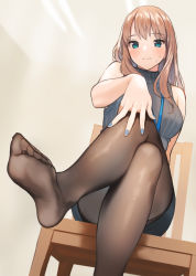 Rule 34 | 1girl, black pantyhose, blue eyes, blue nails, blue skirt, blush, breasts, brown hair, chair, closed mouth, commentary, crossed legs, doushimasho, feet, hand on own knee, high heels, indoors, lanyard, legs, lips, long hair, looking at viewer, medium breasts, miniskirt, mole, mole on cheek, mole under mouth, nail polish, name tag, original, pantyhose, pumps, ribbed sweater, sitting, skirt, sleeveless, sleeveless sweater, sleeveless turtleneck, soles, solo, sweater, toes, turtleneck, turtleneck sweater