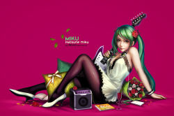 Rule 34 | 1girl, bare shoulders, black pantyhose, bouquet, character name, digital media player, dress, electric guitar, flower, glass, green eyes, green hair, guitar, hair flower, hair ornament, hatsune miku, headphones, headphones around neck, high heels, instrument, leaf, lips, long hair, looking at viewer, matching hair/eyes, pantyhose, petals, pillow, rose, shoes, short dress, shouai, sitting, sleeveless, sleeveless dress, smile, solo, speaker, twintails, vocaloid