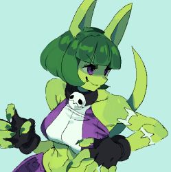 Rule 34 | 1girl, alternate color, blue background, bob cut, cat girl, claws, cosplay, fang, fingerless gloves, from above, gloves, green hair, highres, marvel, monster girl, ms. fortune (skullgirls), navel, purple eyes, she-hulk, she-hulk (cosplay), short hair, skullgirls, smile, solo, whoopsatro
