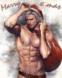 Rule 34 | 1boy, abs, absurdres, aenaluck, bara, belt, brown belt, chest hair, closed mouth, facial hair, grey hair, hat, highres, holding, holding sack, large pectorals, male focus, master (aenaluck), merry christmas, muscular, muscular male, navel, navel hair, nipples, original, pectorals, sack, santa hat, short hair, signature, simple background, solo, topless male, upper body