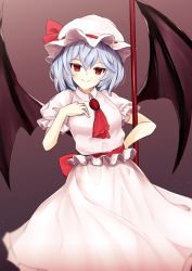 Rule 34 | 1girl, ascot, bat wings, blue hair, breasts, commentary request, gradient background, hand on own chest, hat, hat ribbon, highres, holding, holding weapon, looking at viewer, mob cap, polearm, puffy short sleeves, puffy sleeves, red ascot, red eyes, red ribbon, remilia scarlet, ribbon, short hair, short sleeves, sinkai, small breasts, smile, solo, spear, touhou, weapon, wings