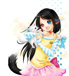 Rule 34 | animal, animal ears, artist request, black hair, blue eyes, bow, cat, cat bell, character request, choker, collar, dots, heterochromia, laughing, long hair, lowres, paw print, pet, pink eyes, polka dot, ribbon, simple background, skirt, solo, source request, straight hair, striped, tail