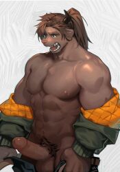 Rule 34 | 1boy, abs, absurdres, bara, belt, black horns, blue pants, braid, brown belt, brown hair, catoblepas (housamo), cow boy, cow horns, erection, fangs, furry, furry male, green jacket, highres, horns, jacket, looking to the side, male focus, muscular, muscular male, neilos, nipples, open belt, open mouth, pants, pectorals, penis, ponytail, pubic hair, testicles, tokyo houkago summoners