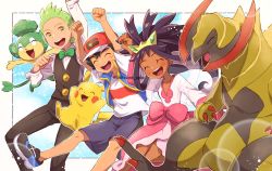 Rule 34 | 1girl, 2boys, :d, arms up, ash ketchum, blush, border, buttons, chitozen (pri zen), cilan (pokemon), clenched hands, commentary request, creatures (company), dark-skinned female, dark skin, eyelashes, closed eyes, game freak, gen 1 pokemon, gen 5 pokemon, green eyes, hair rings, happy, hat, haxorus, iris (pokemon), knees, long sleeves, multiple boys, nintendo, no sclera, open mouth, outside border, pansage, pants, pikachu, pokemon, pokemon (anime), pokemon (creature), pokemon journeys, red headwear, shirt, shoes, shorts, sleeveless, sleeveless jacket, smile, t-shirt, teeth, tongue, upper teeth only, vest, white border, white shirt