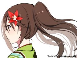 Rule 34 | 10s, 1girl, 2015, amagi (kancolle), artist name, bad id, bad pixiv id, brown eyes, brown hair, character name, dated, flower, hair flower, hair ornament, highres, japanese clothes, kantai collection, kimono, kuro chairo no neko, long hair, ponytail, profile, sideways mouth, silhouette, simple background, solo, upper body, white background