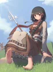 Rule 34 | 1girl, absurdres, barefoot, black hair, bow, braid, breasts, brown bow, brown dress, brown eyes, brown scarf, cleavage, day, dirty, dirty feet, dress, glint, grass, hair bow, hair ornament, highres, kafei ji, long sleeves, medium breasts, original, outdoors, polearm, scarf, sitting, solo, weapon, windmill