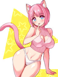 Rule 34 | 1girl, :p, animal ears, arm support, blue eyes, bob cut, cat ears, cat girl, cat tail, cleavage cutout, clothing cutout, commentary, cougar (cougar1404), cropped shirt, crotch seam, finger to tongue, gluteal fold, groin, heart cutout, leaning to the side, looking at viewer, navel, original, panties, pfirsia (cougar1404), pink hair, ribbed shirt, shirt, short hair, sleeveless, sleeveless shirt, smile, solo, standing, star (symbol), symbol-only commentary, tail, thigh gap, thighs, tongue, tongue out, turtleneck, underwear, underwear only, white panties