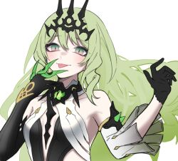 Rule 34 | 1girl, :p, asymmetrical gloves, bare shoulders, black gloves, breasts, claw ring, closed mouth, commentary request, detached sleeves, dress, elbow gloves, floating hair, gloves, green eyes, green hair, grey sleeves, hair between eyes, hands up, honkai (series), honkai impact 3rd, long hair, long sleeves, looking at viewer, mobius (honkai impact), simple background, single detached sleeve, single elbow glove, small breasts, smile, solo, tongue, tongue out, upper body, very long hair, white background, white dress, yunomi (yunomi hs)