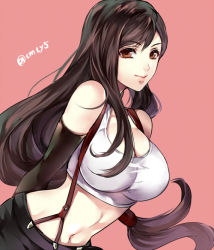 Rule 34 | 1girl, breasts, brown hair, cleavage, elbow gloves, final fantasy, final fantasy vii, gloves, large breasts, lips, long hair, low-tied long hair, midriff, miniskirt, pencil skirt, simple background, skirt, solo, suspender skirt, suspenders, tama (tmfy5), tank top, tifa lockhart, upper body