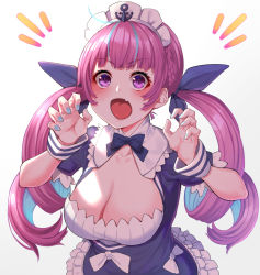 Rule 34 | 1girl, ahoge, blue hair, blue nails, blush, bow, braid, breasts, cleavage, collarbone, colored inner hair, commentary request, dress, fang, hair ribbon, hololive, large breasts, long hair, looking at viewer, maid headdress, mikan (chipstar182), minato aqua, minato aqua (1st costume), multicolored hair, nail polish, open mouth, purple eyes, purple hair, ribbon, simple background, skin fang, smile, solo, twintails, two-tone hair, virtual youtuber, white background