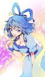 Rule 34 | 1girl, absurdres, blue dress, blue eyes, blue hair, breasts, cleavage, collarbone, dress, hagoromo, hair ornament, hair rings, hair stick, highres, ichizen (o tori), kaku seiga, one-hour drawing challenge, open clothes, open mouth, open vest, puffy short sleeves, puffy sleeves, shawl, short sleeves, smile, solo, touhou, vest