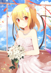 Rule 34 | 1girl, :o, aibumi, alternate costume, bare shoulders, blonde hair, blue sky, blush, bouquet, bow, breasts, cloud, collarbone, crystal, day, dress, eyebrows, flandre scarlet, flower, formal, hair between eyes, hair bow, hexagon, highres, holding, holding bouquet, jewelry, lace, lace-trimmed dress, lace trim, lens flare, looking at viewer, motion blur, necklace, no headwear, one side up, pearl necklace, pen-zin, petals, red eyes, red ribbon, ribbon, rose, sky, small breasts, solo, strapless, strapless dress, touhou, upper body, white bow, white dress, white flower, white rose, window, wings