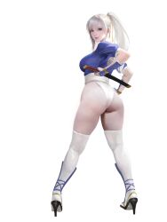 Rule 34 | 1girl, alternate hair color, ass, bangku an, breasts, dead or alive, from behind, highres, kasumi (doa), large breasts, long hair, ninja, panties, ponytail, short sleeves, sword, thighhighs, underwear, weapon, white hair