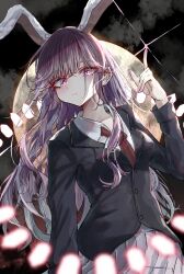 Rule 34 | 1girl, @ @, animal ears, black jacket, blazer, closed mouth, collared shirt, commentary, full moon, hegata (hegatia lapis), highres, index finger raised, jacket, long hair, looking at viewer, moon, necktie, pleated skirt, purple hair, rabbit ears, rabbit girl, red eyes, red necktie, reisen udongein inaba, shirt, skirt, solo, touhou, white shirt, white skirt