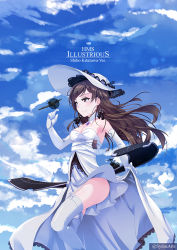 Rule 34 | 1girl, azur lane, bare shoulders, breasts, brown eyes, brown hair, cosplay, elbow gloves, garter straps, gloves, hat, idolmaster, idolmaster million live!, illustrious (azur lane), illustrious (azur lane) (cosplay), kitazawa shiho, long hair, looking at viewer, medium breasts, solo, sydus, thighhighs, white hat, white thighhighs