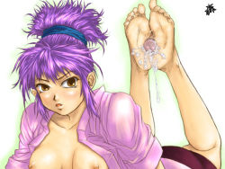 Rule 34 | 1girl, barefoot, bike shorts, brown eyes, cum, cum on body, cum on lower body, feet, footjob, hunter x hunter, japanese clothes, looking at viewer, lying, machi komacine, open clothes, penis, purple hair, soles, solo focus, toes