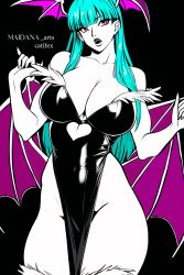Rule 34 | 1girl, arms up, bare shoulders, bat wings, black leotard, breasts, bright pupils, catifex, cleavage, cleavage cutout, clothing cutout, collarbone, cowboy shot, demon girl, fang, fingernails, fur trim, green hair, head wings, heart cutout, highres, large breasts, latex, leotard, long hair, looking to the side, morrigan aensland, parted lips, shiny clothes, simple background, skin tight, solo, standing, teeth, vampire, very long hair, wings