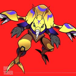 Rule 34 | bug, claws, digimon, digimon (creature), digmon, drill, exoskeleton, highres, red background, simple background, solo