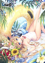 Rule 34 | 1girl, bangle, bare legs, bare shoulders, blonde hair, blue eyes, blush, bracelet, breasts, brown footwear, brown hat, casual one-piece swimsuit, character request, collarbone, commentary, copyright name, covered navel, crown, diving mask, english commentary, flower, goggles, hair flower, hair ornament, hat, hat flower, highres, innertube, jewelry, knee up, leg up, long hair, looking at viewer, lying, on back, one-piece swimsuit, parted lips, pearl bracelet, plant, poseich, purple flower, red flower, ring, sandals, small breasts, smile, snorkel, solo, strapless, strapless one-piece swimsuit, straw hat, stuffed animal, stuffed toy, sunflower, swim ring, swimsuit, teddy bear, teeth, unleashed, upper teeth only, very long hair, water, wet, white flower, white one-piece swimsuit, yellow flower
