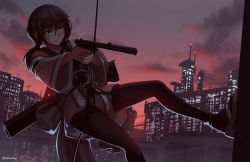 Rule 34 | 1girl, black hair, black pantyhose, borrowed character, brown footwear, brown kimono, building, closed mouth, cloud, commentary, english commentary, facial mark, green eyes, gun, hair between eyes, handgun, highres, holding, holding gun, holding weapon, japanese clothes, kimono, long hair, long sleeves, low ponytail, ndtwofives, original, outdoors, pantyhose, pistol, ponytail, rappelling, short kimono, sidelocks, sky, skyscraper, socks, socks over pantyhose, solo, sunset, suppressor, weapon, weapon request, wide sleeves
