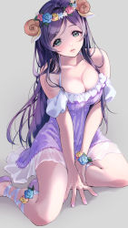Rule 34 | 1girl, absurdres, animal ears, between legs, blue flower, blue ribbon, blush, breasts, cleavage, commentary request, detached sleeves, dress, flower, flower wreath, green eyes, grey background, hair down, halterneck, hand between legs, highres, horns, kate iwana, large breasts, leg ribbon, lips, long hair, looking at viewer, love live!, love live! school idol festival, love live! school idol project, nail polish, parted lips, pink nails, purple dress, purple footwear, ribbon, sheep ears, sheep horns, short sleeves, sitting, solo, tojo nozomi, wrist flower, yellow flower