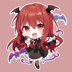 Rule 34 | 1girl, :d, bat (animal), black footwear, black skirt, black vest, blush, book, chibi, collared shirt, commentary request, demon girl, demon wings, eyelashes, fang, floating hair, frilled skirt, frills, hair between eyes, happy, holding, holding book, koakuma, long hair, long sleeves, looking at viewer, necktie, open mouth, outstretched arm, pink background, red eyes, red hair, red necktie, shirt, simple background, skirt, smile, solo, standing, touhou, usushio, very long hair, vest, white shirt, wings