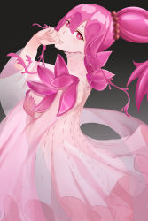 Rule 34 | 1girl, black background, bright pupils, dress, from side, gaoyang ou nisang, gradient background, hair between eyes, hand up, houseki no kuni, looking at viewer, looking to the side, parted lips, pink dress, pink eyes, pink hair, solo, standing, ventricosus