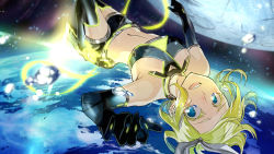 Rule 34 | 1girl, :d, black footwear, black gloves, black shorts, blonde hair, blue eyes, boots, breasts, crop top, elbow gloves, floating hair, gloves, kagamine rin, looking at viewer, midriff, navel, no.734, open mouth, short hair, short shorts, shorts, sideboob, sleeveless, smile, solo, space, stomach, tears, thigh boots, thighhighs, vocaloid