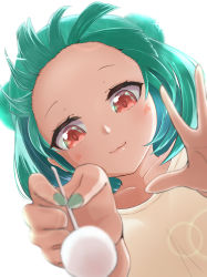 Rule 34 | 1girl, :3, absurdres, blush, closed mouth, commentary request, double bun, forehead, from below, green hair, green nails, hair bun, highres, hilamaru, holding, hololive, looking at viewer, mimikaki, nail polish, red eyes, shirt, simple background, smile, solo, uruha rushia, virtual youtuber, white background, white shirt