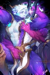 Rule 34 | 2boys, abs, absurdres, bara, bare pectorals, blue scarf, colored skin, colored tongue, constellation, diffraction spikes, unworn earring, earrings, en (976989738), galaxy, glowing, hair between eyes, highres, horn grab, horns, huge filesize, jewelry, league of legends, looking at viewer, male focus, multiple boys, muscular, pale skin, parted lips, pectorals, purple eyes, purple skin, purple tongue, scarf, sexually suggestive, signature, sky, space, star (sky), starry sky, stud earrings, teeth, thighs, tongue, tongue out, upper teeth only, varus, white hair, yaoi