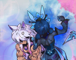 Rule 34 | 1boy, 1girl, anger vein, animal ears, arm up, bandaid, bandaid on head, bare shoulders, bead necklace, beads, blue background, blue flower, clenched hand, detached sleeves, evelynn (league of legends), flower, hair flower, hair ornament, japanese clothes, jewelry, kimono, league of legends, medium hair, muscular, muscular male, necklace, phantom ix row, pink background, short kimono, spirit blossom evelynn, white hair