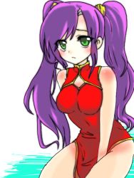Rule 34 | 1990s (style), 1girl, 3601 (pixiv734486), bare shoulders, body blush, breasts, china dress, chinese clothes, dress, faris scherwiz, female focus, final fantasy, final fantasy v, green eyes, long hair, monk, purple hair, sitting, solo, twintails, white background