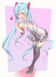 Rule 34 | 1girl, bare shoulders, black footwear, black skirt, blue eyes, blue hair, blush, boots, breasts, clothes pull, collared shirt, detached sleeves, flashing, full body, green necktie, grey shirt, hair between eyes, hair ornament, hatsune miku, headphones, headset, heart, heart-shaped pupils, highres, kusoyuridanchi, leaning forward, legs together, long hair, looking at viewer, medium breasts, necktie, nipples, one breast out, open clothes, open mouth, open shirt, pleated skirt, pulling own clothes, shirt, shirt pull, skirt, sleeveless, sleeveless shirt, smile, solo, standing, symbol-shaped pupils, thigh boots, thighhighs, twintails, very long hair, vocaloid, wing collar, zettai ryouiki