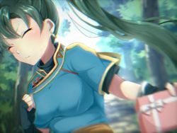 Rule 34 | 1girl, aone hiiro, blue dress, blurry, blush, breasts, clenched hand, depth of field, dress, earrings, embarrassed, closed eyes, fingerless gloves, fire emblem, fire emblem: the blazing blade, forest, frown, gift, gloves, green hair, jewelry, lyn (fire emblem), nature, nintendo, path, ponytail, road
