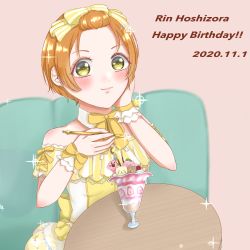 Rule 34 | 1girl, alternate hairstyle, artist name, artist request, back bow, bare shoulders, blush, bow, chikagepooh, choker, cup, dress, female focus, frilled dress, frills, green eyes, hair between eyes, hair bow, hand on own face, highres, hoshizora rin, ice cream stand, looking at viewer, love live!, love live! school idol festival, love live! school idol project, on chair, orange hair, parted lips, short hair, sitting, smile, solo, striped, striped bow, table, white choker, wrist bow, wrist cuffs, yellow bow, yellow dress, yellow eyes, yellow neckwear