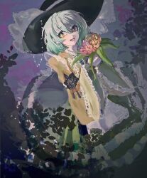 Rule 34 | 1girl, :d, black hat, blouse, blush, bouquet, bright pupils, brooch, chinese commentary, commentary request, flower, frilled sleeves, frills, full body, gem, green eyes, green gemstone, green hair, green skirt, hair between eyes, hands up, hat, highres, holding, holding bouquet, jewelry, komeiji koishi, long sleeves, looking at viewer, lower teeth only, medium hair, open mouth, red flower, shirt, skirt, smile, solo, teeth, tongue, touhou, white pupils, wide sleeves, wushuiguanyehuaqing, yellow flower, yellow shirt