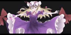 Rule 34 | 1girl, black background, blonde hair, blurry, choker, dress, elbow gloves, hand fan, gloves, hair ribbon, hat, hat ribbon, highres, letterboxed, long hair, looking at viewer, mob cap, o (crazyoton46), outstretched arms, puffy sleeves, purple dress, purple eyes, ribbon, ribbon choker, short sleeves, simple background, solo, touhou, tress ribbon, upskirt, white gloves, yakumo yukari