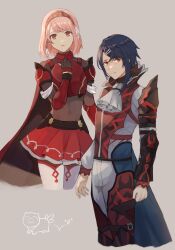 Rule 34 | 1boy, 1girl, alcryst (fire emblem), armor, ascot, blue hair, braid, breastplate, cape, covered navel, fire emblem, fire emblem engage, gloves, hair between eyes, hair ornament, hair ribbon, hairband, hairclip, highres, lapis (fire emblem), long sleeves, looking at viewer, nintendo, pantyhose, pink eyes, pink hair, purple hair, red armor, red eyes, red hairband, ribbon, shirt, short hair, side braid, swept bangs, thighhighs, two-tone hairband, upper body, vest, white ascot, white ribbon, white shirt, wspread
