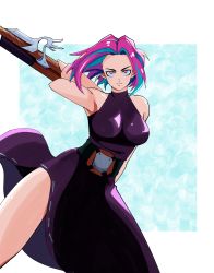 Rule 34 | 1girl, absurdres, arm behind back, arm cannon, arm up, armpits, artist request, bare shoulders, belt, belted dress, black dress, blue hair, boku no hero academia, border, breasts, collarbone, collared dress, dress, evil smile, female focus, gun, highres, huge filesize, lady nagant, large breasts, legs, light smile, looking at viewer, medium hair, multicolored hair, outstretched arms, parted bangs, pink eyes, pink hair, rifle, shiny clothes, shiny skin, sidelocks, smile, sniper rifle, spread arms, standing, thighs, two-tone hair, utility belt, weapon, white border, wind, wind lift