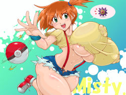 Rule 34 | 1girl, blush, bouncing breasts, breasts, creatures (company), game freak, gigantic breasts, green eyes, happy, misty (pokemon), mr. bones, navel, nintendo, open mouth, orange hair, poke ball, pokemon, shoes, short hair, side ponytail, smile, sneakers, solo