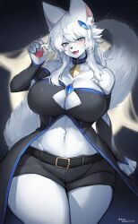 Rule 34 | 1girl, animal ear fluff, animal ears, animal hands, animal nose, arm at side, artist name, bare shoulders, belt, black coat, black hole, black shorts, black sleeves, blue background, blue choker, blue eyes, blue gemstone, blue trim, blush, body fur, breasts, brooch, choker, claws, cleavage, cleavage cutout, clothing cutout, coat, collarbone, commission, cowboy shot, detached sleeves, fangs, female focus, fox ears, fox girl, fox tail, furry, furry female, gem, hair between eyes, hair ornament, half-closed eyes, hand up, happy, highres, huge breasts, jewelry, looking at viewer, navel, off shoulder, open clothes, open coat, open mouth, original, short shorts, shorts, sidelocks, signature, skeb commission, smile, snout, solo, standing, stomach, suurin (ksyaro), tail, teeth, thick thighs, thighs, twitter username, white fur, white hair, wide hips