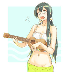 Rule 34 | 10s, 1girl, aqua background, bare shoulders, black hair, blue eyes, breasts, cleavage, cowboy shot, flower, glasses, hair flower, hair ornament, hairband, instrument, kantai collection, long hair, midriff, music, musical note, navel, ooyodo (kancolle), open mouth, semi-rimless eyewear, simple background, singing, solo, twintails, ukulele, under-rim eyewear, upper body, white background, yuuji (and)