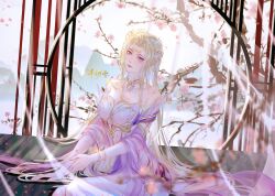 Rule 34 | 1girl, absurdres, artist request, bare legs, bare shoulders, blonde hair, blue eyes, bracelet, closed mouth, curtains, detached collar, detached sleeves, douluo dalu, dress, glint, hair ornament, highres, jewelry, long hair, mountain, qian renxue (douluo dalu), second-party source, sitting, solo, upper body, white dress