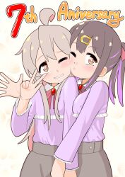 Rule 34 | 2girls, absurdres, anniversary, black hair, brooch, brown eyes, cheek-to-cheek, commentary, english text, finger counting, frills, genderswap, genderswap (mtf), grey hair, grey skirt, grin, hair ornament, hairclip, happyundergate, heads together, highres, jewelry, light blush, long hair, long sleeves, matching outfits, multicolored hair, multiple girls, o3o, one eye closed, onii-chan wa oshimai!, oyama mahiro, oyama mihari, pink hair, purple hair, purple shirt, shirt, siblings, simple background, sisters, skirt, smile, standing, twintails, two-tone hair, typo, w, white background